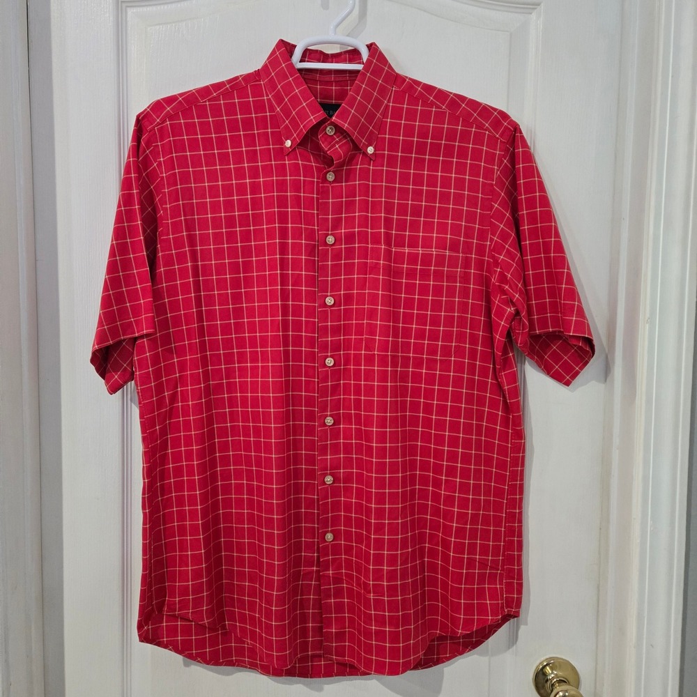 Scott Barber Button Down Short Slv Shirt Mens Large Red Windowpane‎ Check Cotton